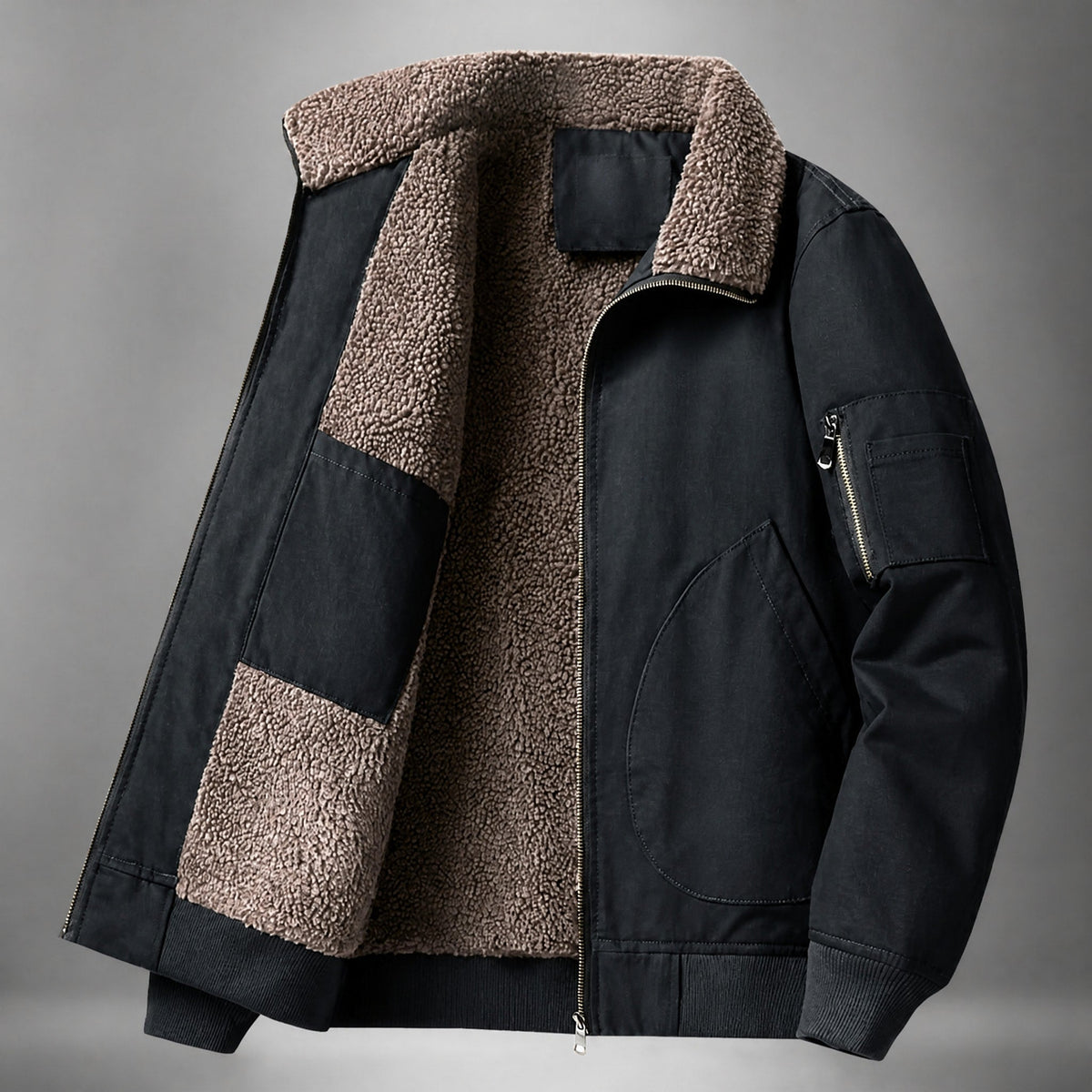 Thomas - Men's Sherpa-Collar Flight Bomber Jacket with Zip Pockets - Bomber Jackets - Black - Parker&Brooks