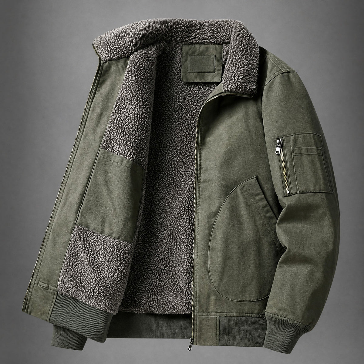 Thomas - Men's Sherpa-Collar Flight Bomber Jacket with Zip Pockets - Bomber Jackets - Army Green - Parker&Brooks