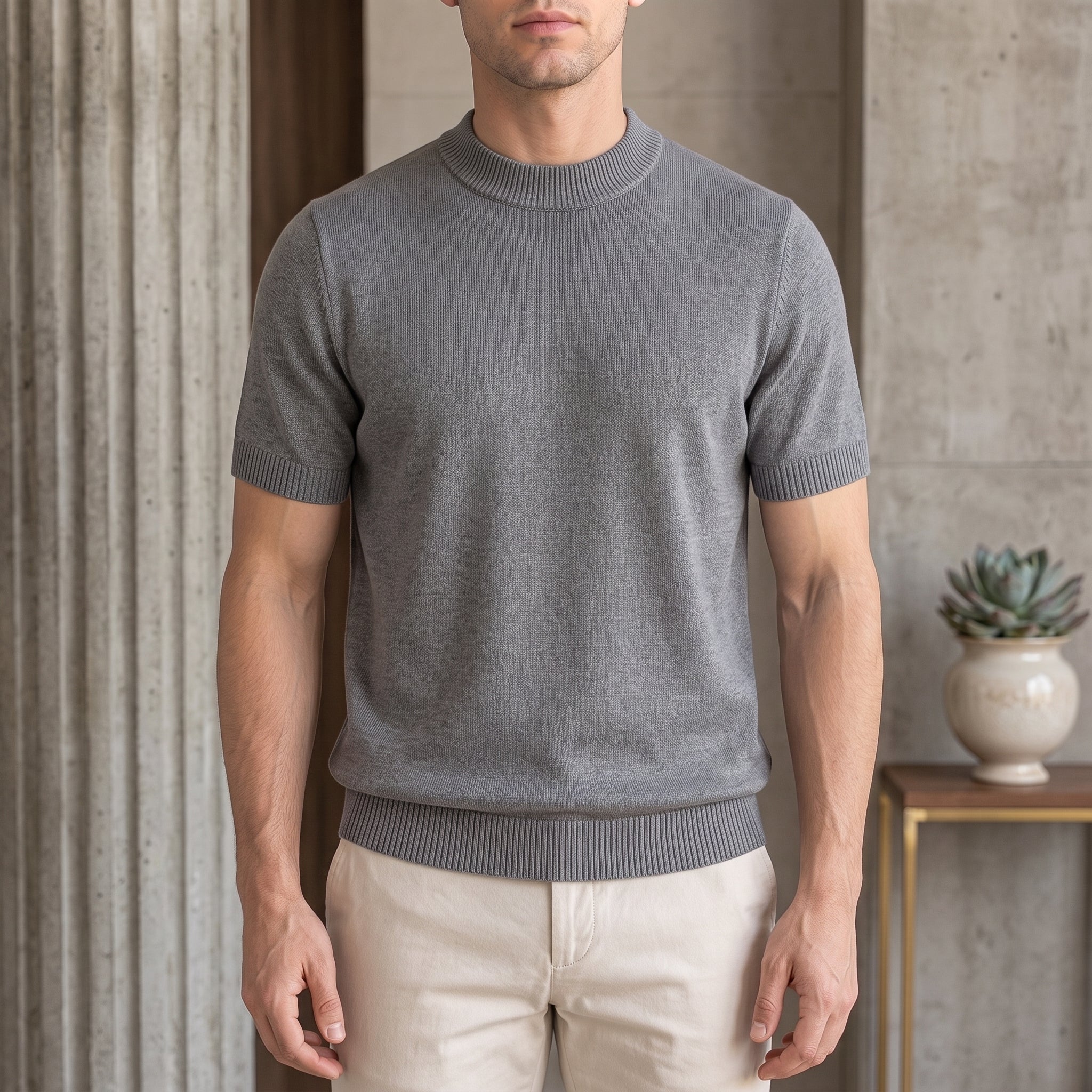 Thomas - Men's Summer Slim Fit Ribbed Mock Neck T-Shirt - T-Shirts - Gray - Parker&Brooks