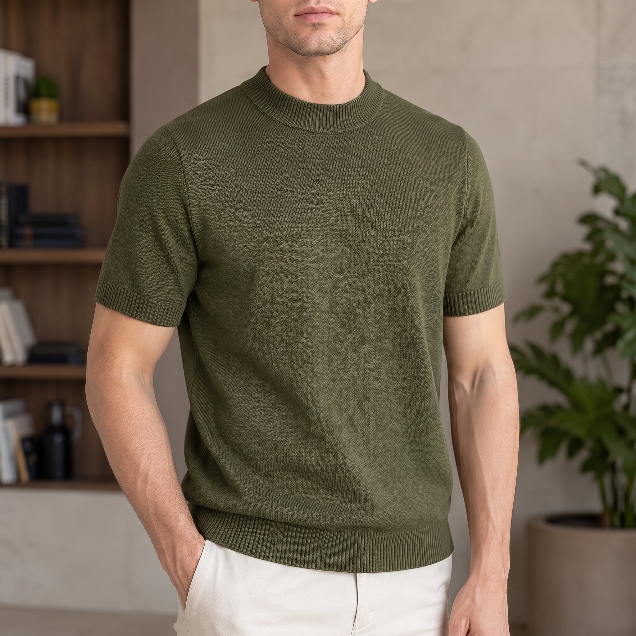Thomas - Men's Summer Slim Fit Ribbed Mock Neck T-Shirt - T-Shirts - Green - Parker&Brooks