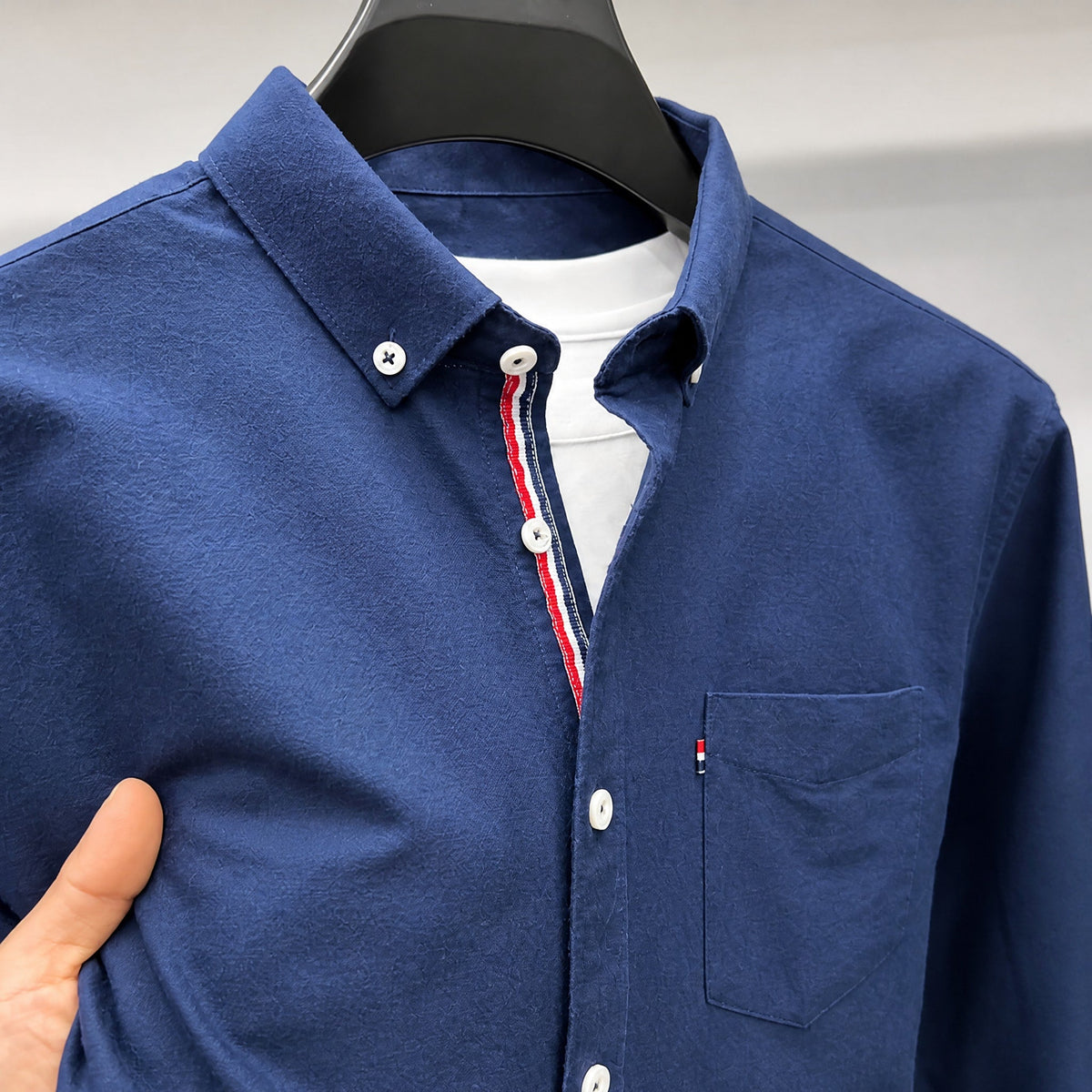Tom - Men's Button-Down Oxford Shirt with Striped Placket and Chest Pocket - Shirts - Navy - Parker&Brooks