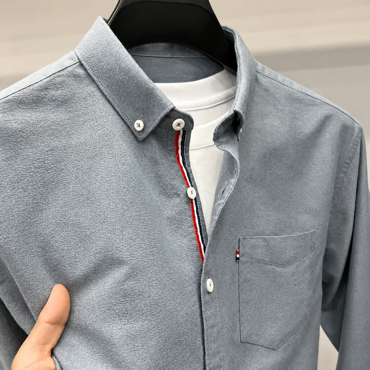 Tom - Men's Button-Down Oxford Shirt with Striped Placket and Chest Pocket - Shirts - Gray - Parker&Brooks