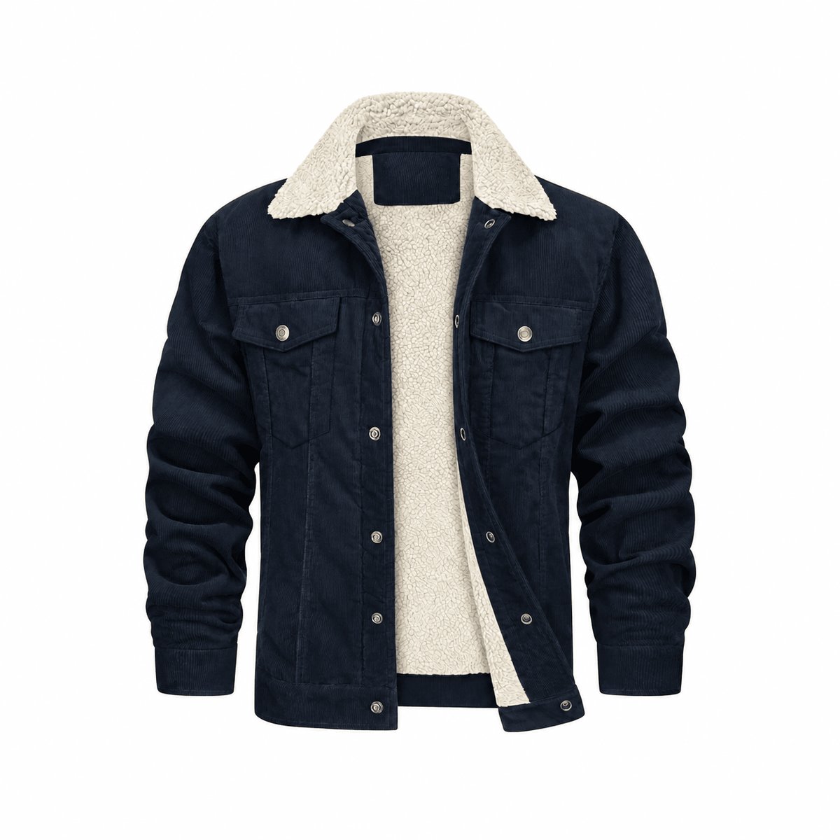 Tom - Men's Corduroy Trucker Jacket with Cozy Collar and Chest Pockets - Trucker Jackets - Navy Blue - Parker&Brooks