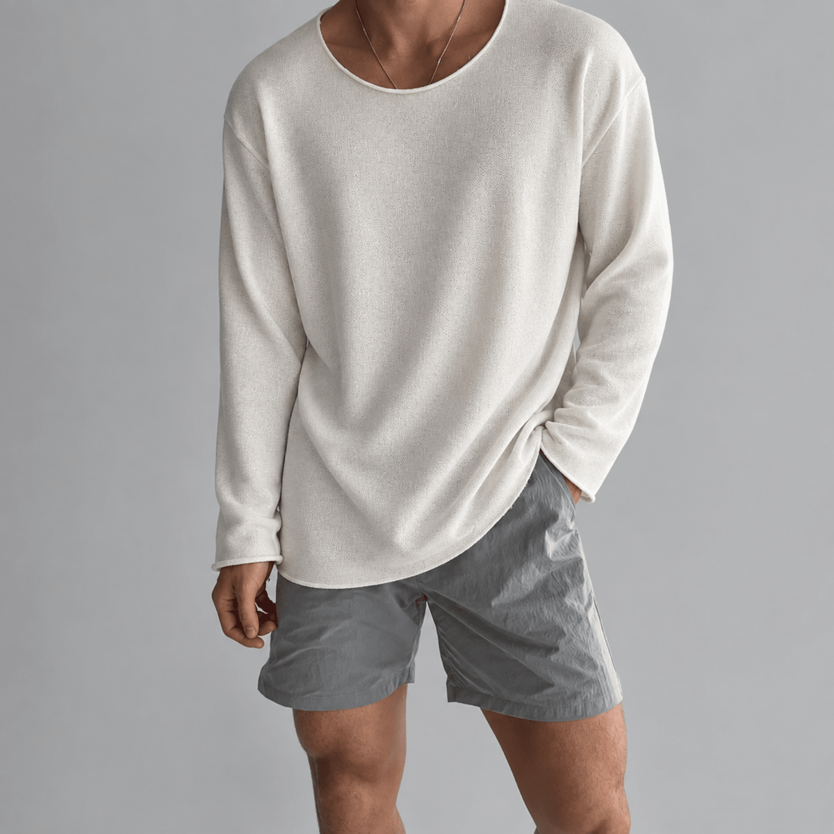 Tom - Men's Lightweight Crew Neck Knit Textured Long Sleeve Shirt - Shirts - White - Parker&Brooks