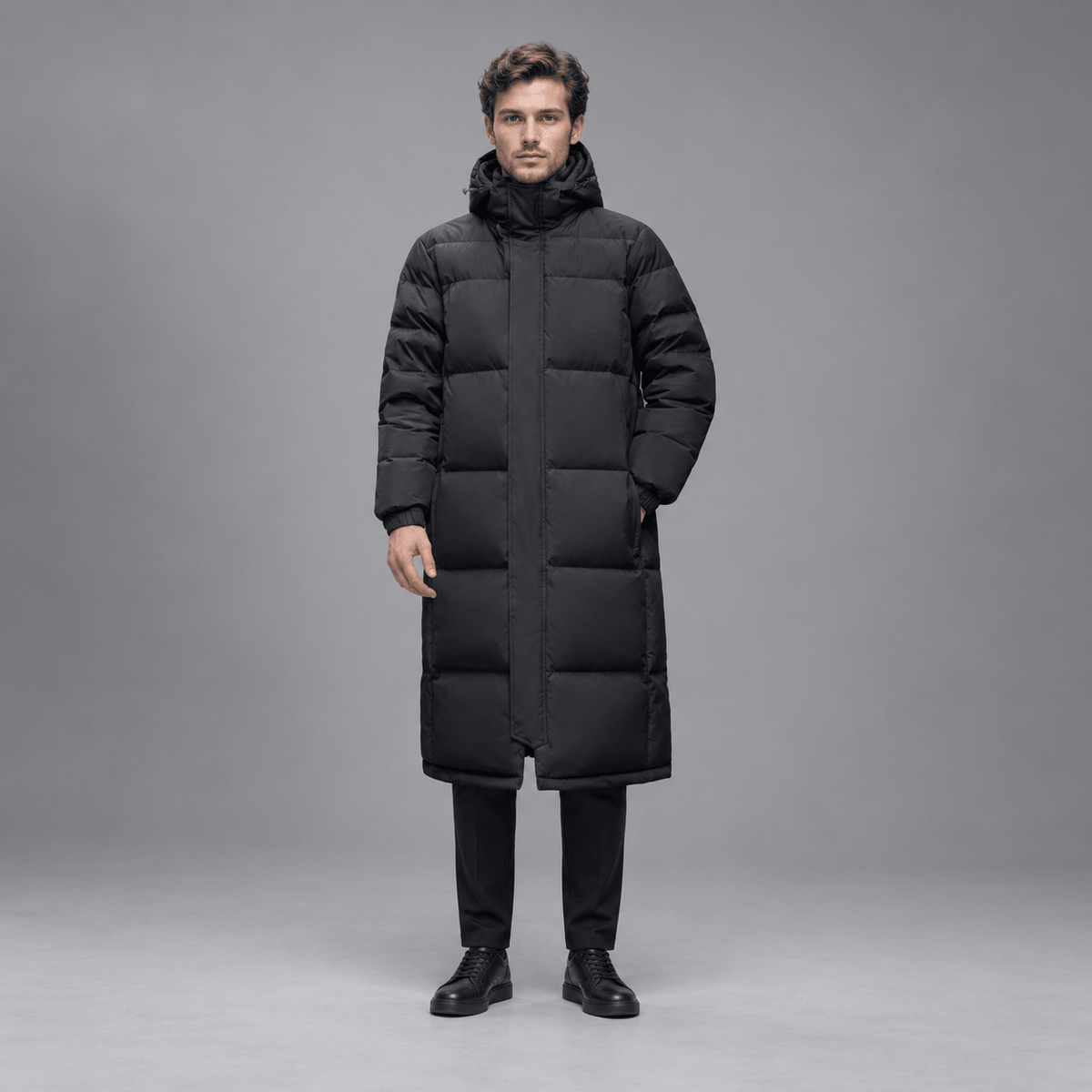 Tom - Men's Longline Hooded Puffer Coat with Zip Front - Puffer Jackets - Black - Parker&Brooks