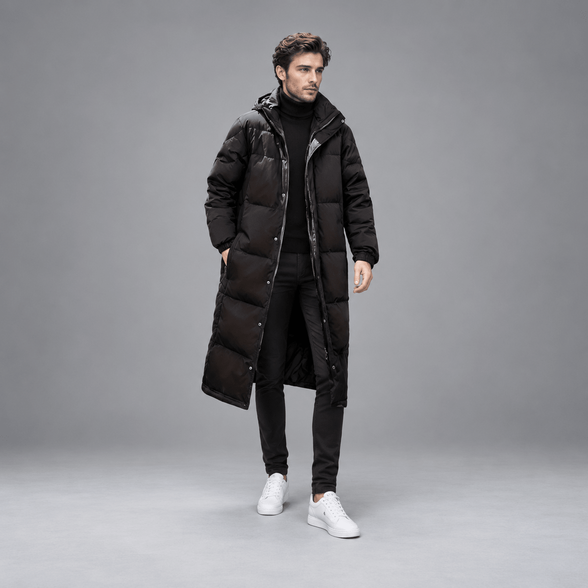 Tom - Men's Longline Hooded Puffer Coat with Zip Front - Puffer Jackets - Black - Parker&Brooks