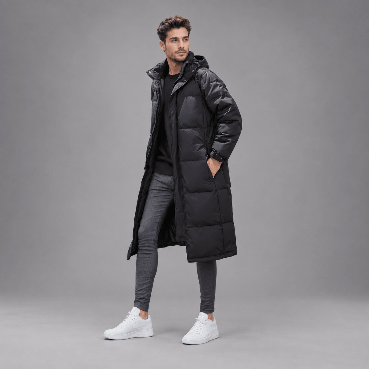 Tom - Men's Longline Hooded Puffer Coat with Zip Front - Puffer Jackets - Black - Parker&Brooks