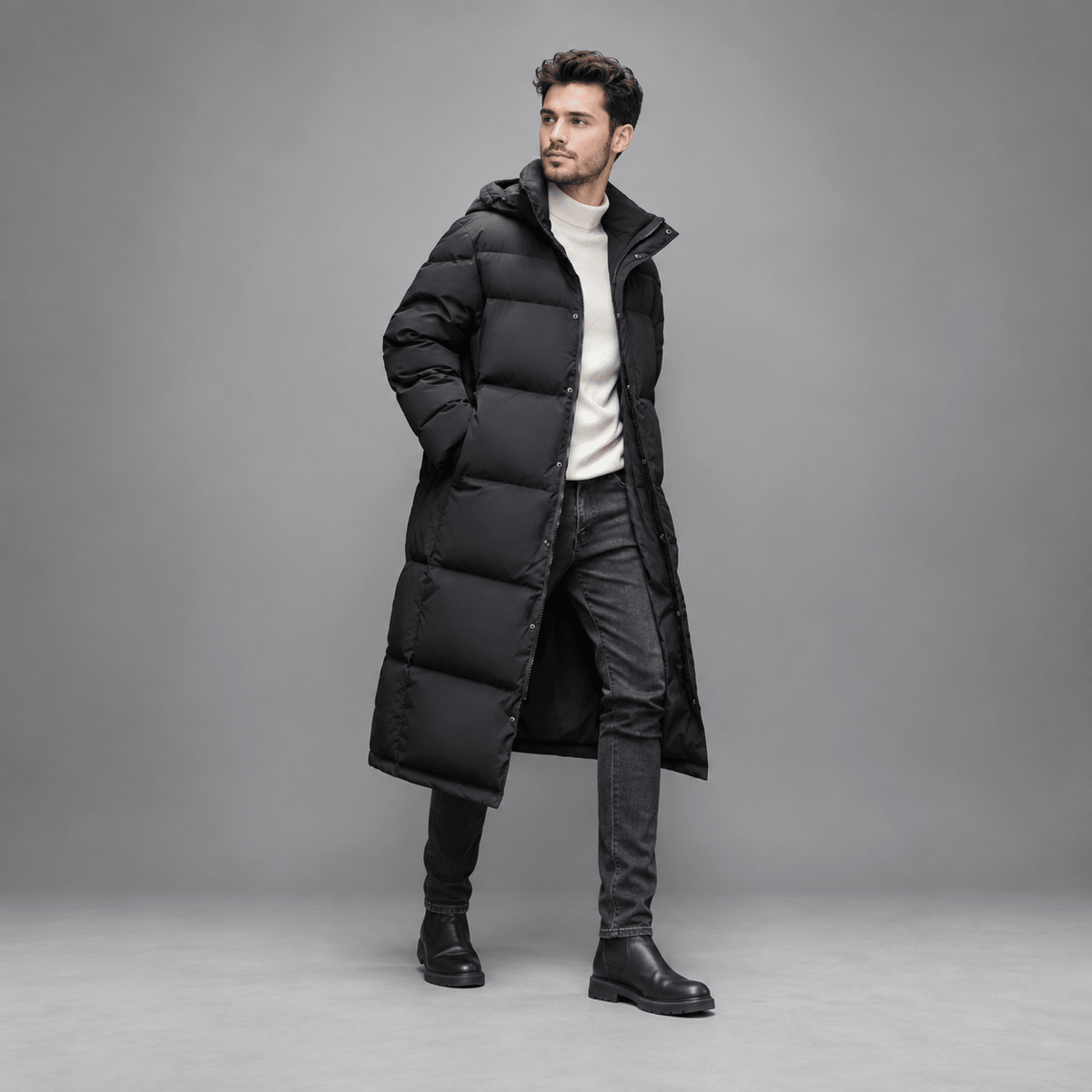 Tom - Men's Longline Hooded Puffer Coat with Zip Front - Puffer Jackets - Black - Parker&Brooks