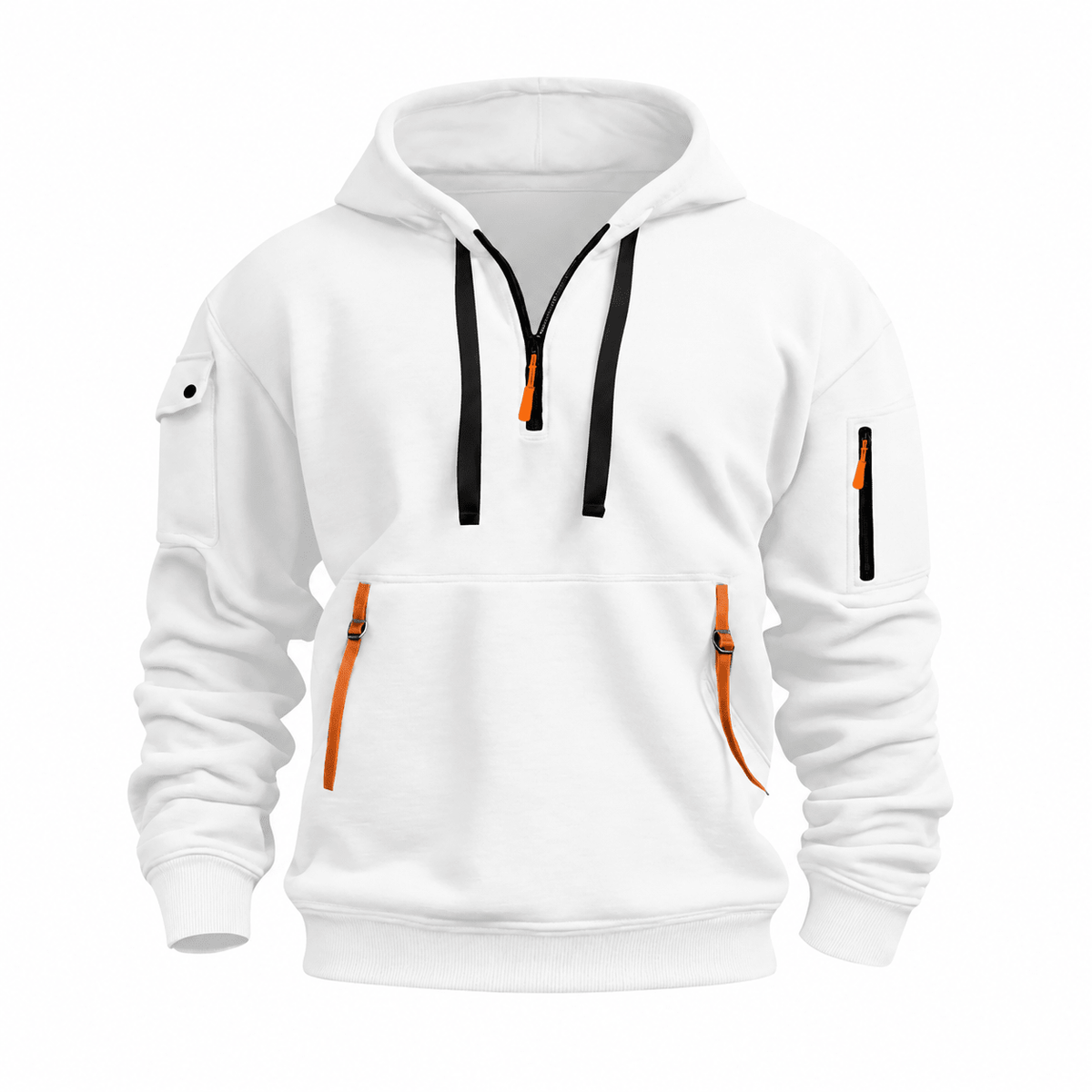 Tom - Men's Quarter-Zip Utility Hoodie with Cargo Pocket and Adjustable Hood - Hoodies - White - Parker&Brooks