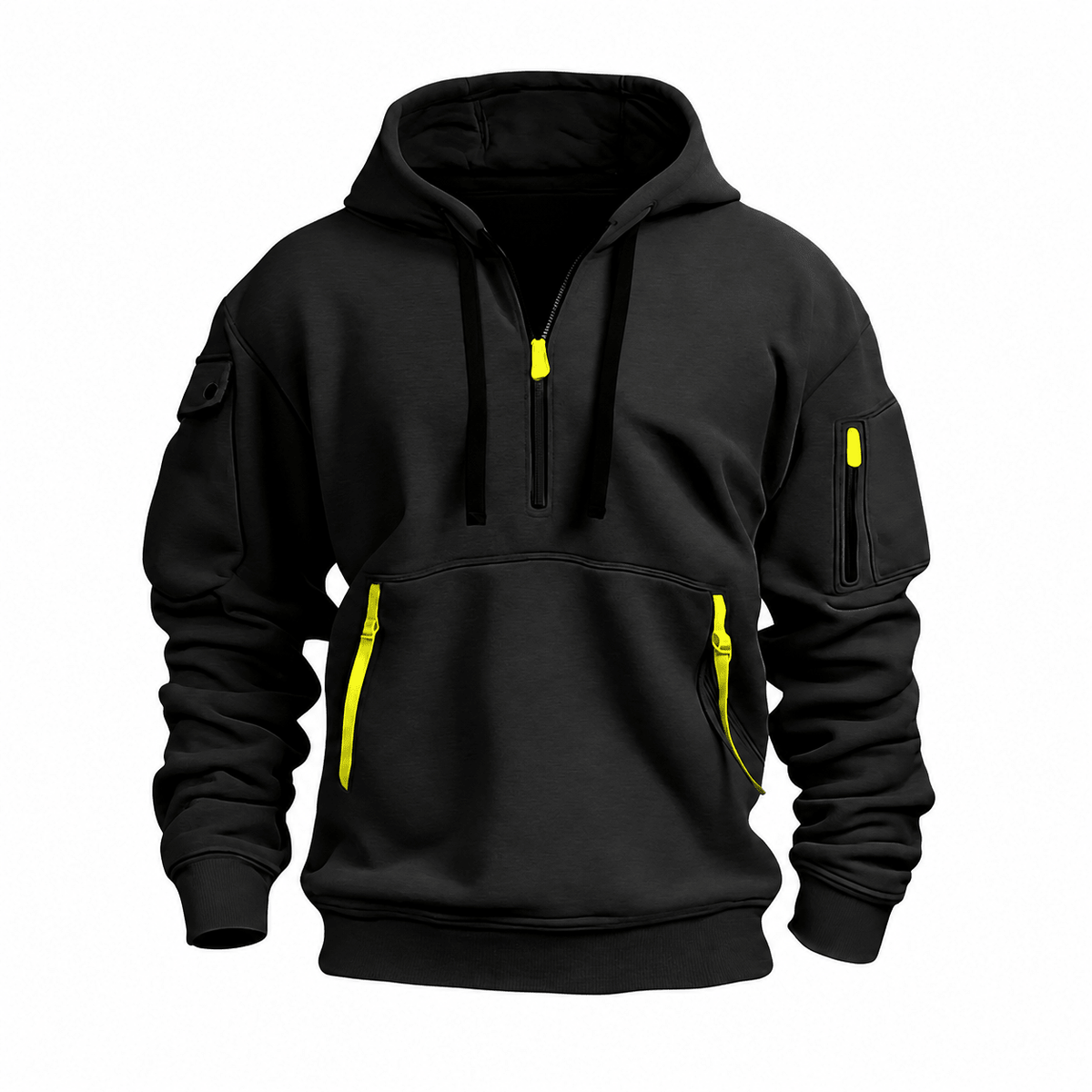 Tom - Men's Quarter-Zip Utility Hoodie with Cargo Pocket and Adjustable Hood - Hoodies - Black - Parker&Brooks