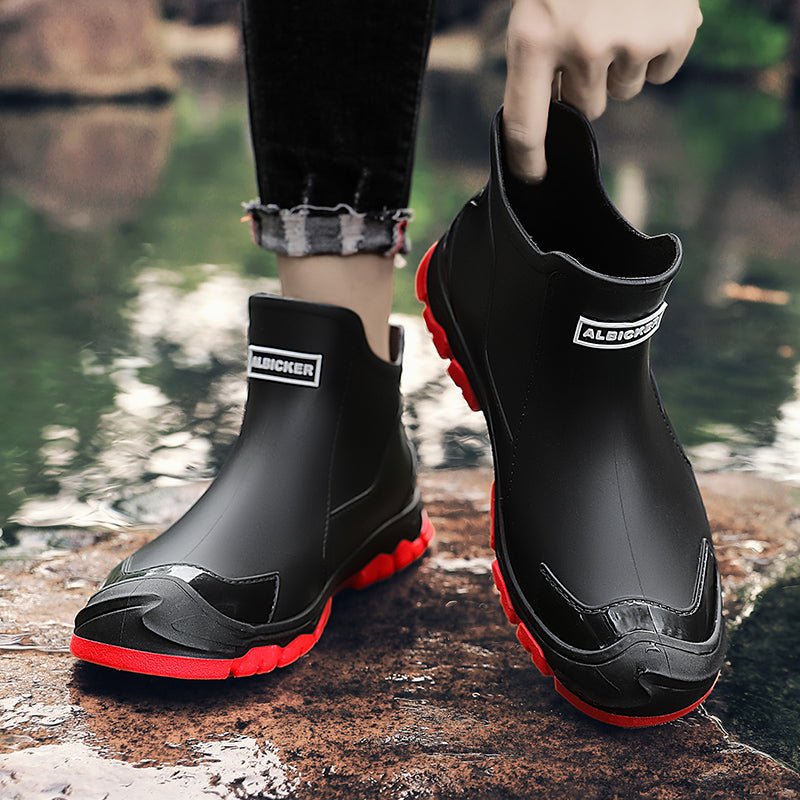 Tom - Men's Waterproof Slip-On Ankle Rain Boots with Non-Slip Sole - Boots - Red - Parker&Brooks
