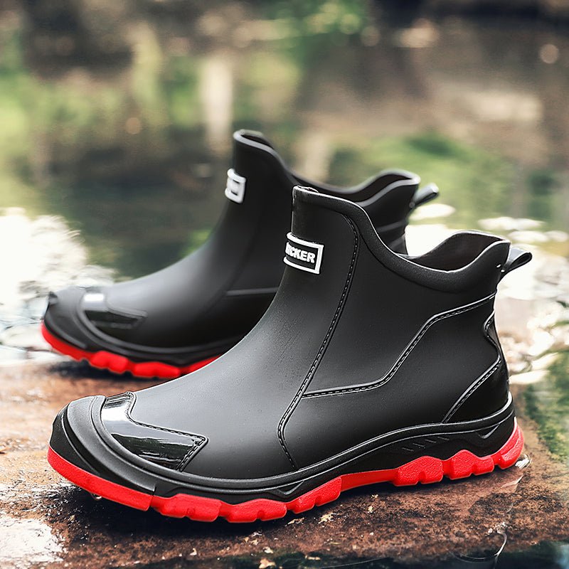 Tom - Men's Waterproof Slip-On Ankle Rain Boots with Non-Slip Sole - Boots - Red - Parker&Brooks