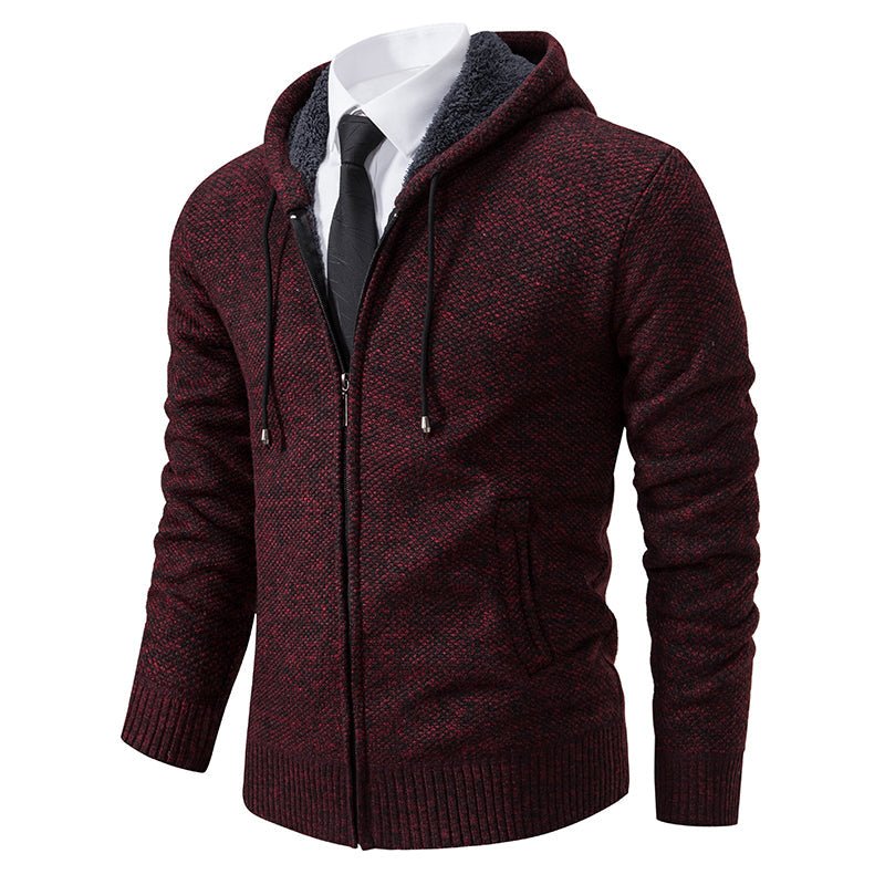 Tom - Men's Zip-Up Hooded Knit Cardigan with Drawstring Hood - Cardigans - Burgundy - Parker&Brooks