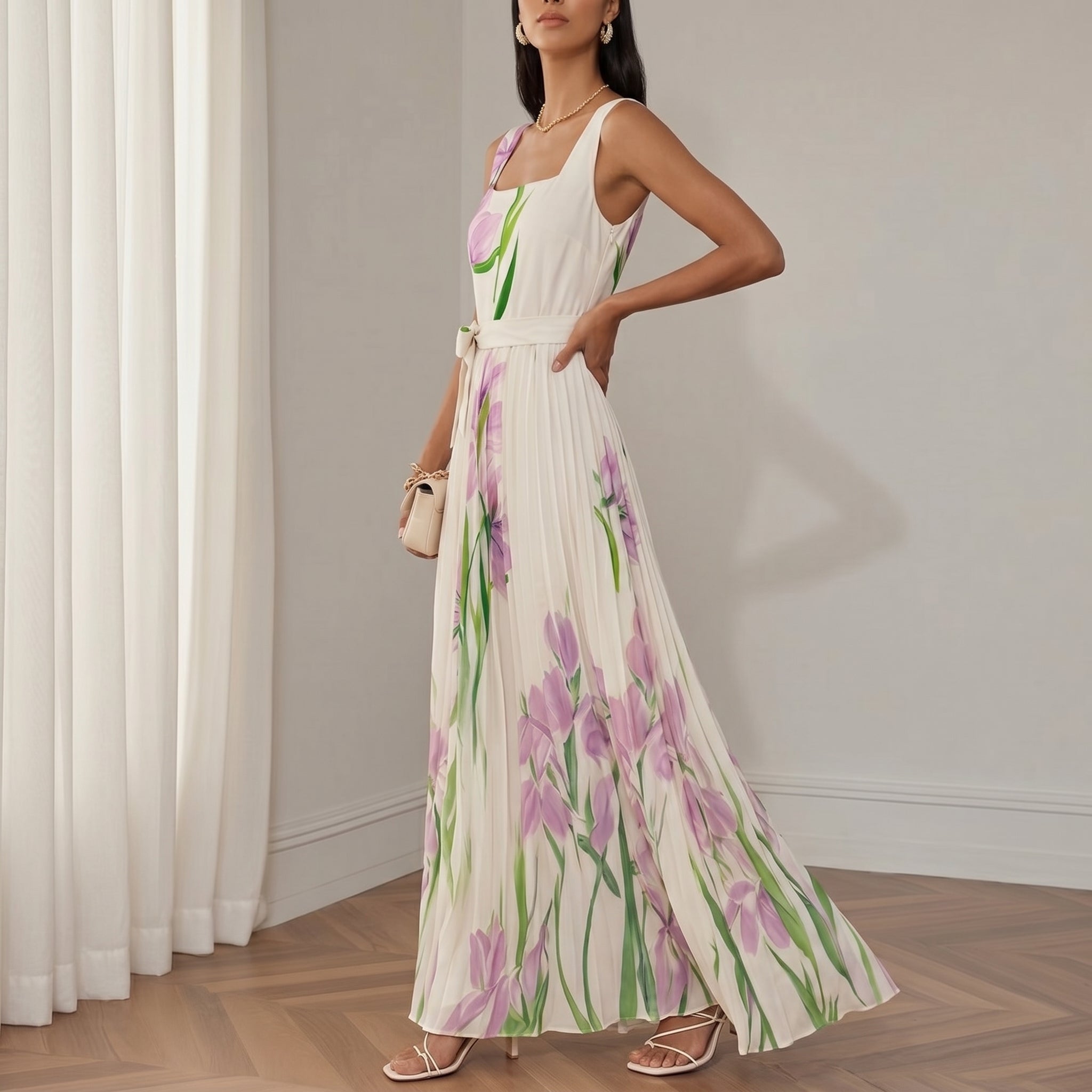 Clara - Women's Party Floral Pleated Maxi Dress