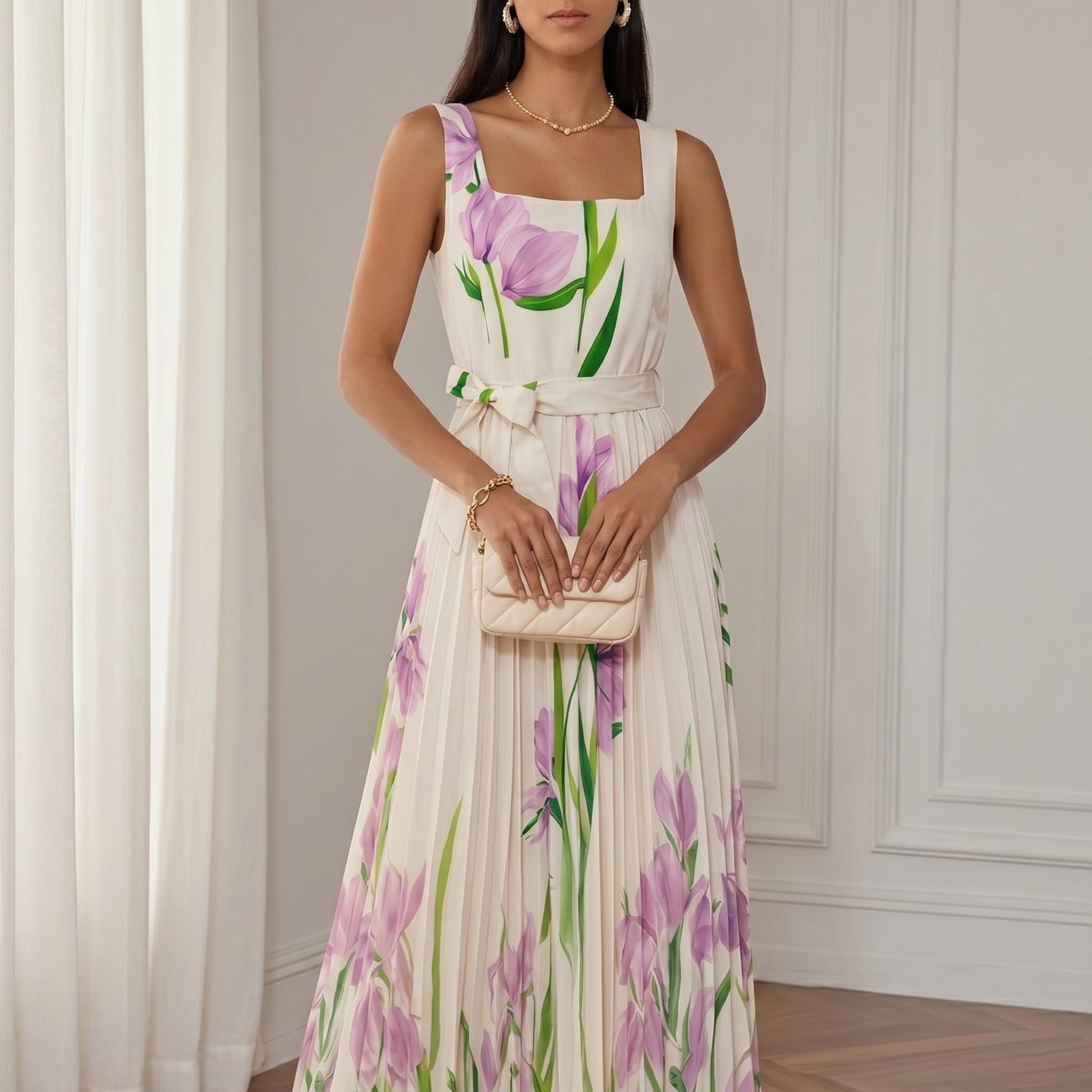 Clara - Women's Party Floral Pleated Maxi Dress