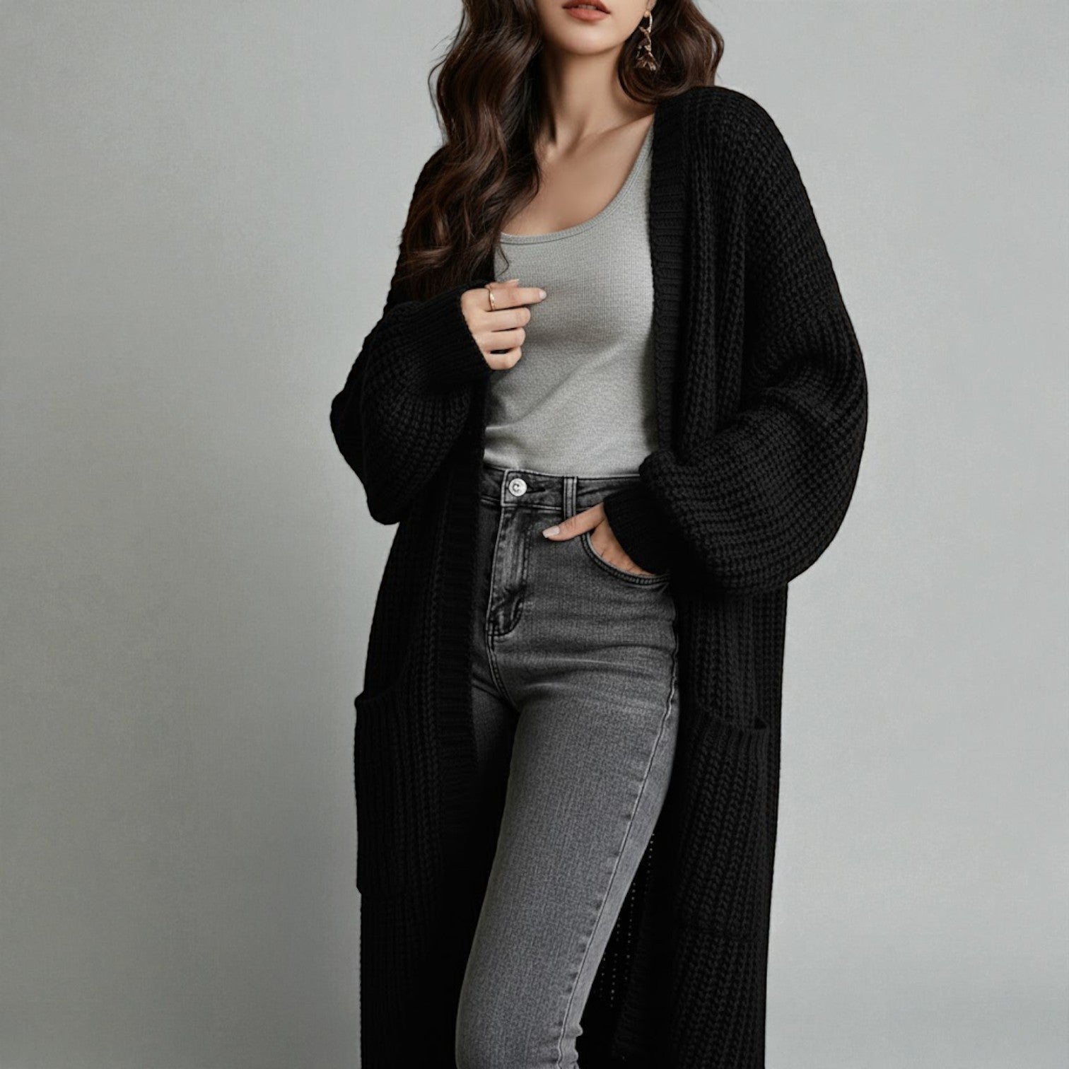 Freja – Women's Wool Winter Cardigan Long with Pockets