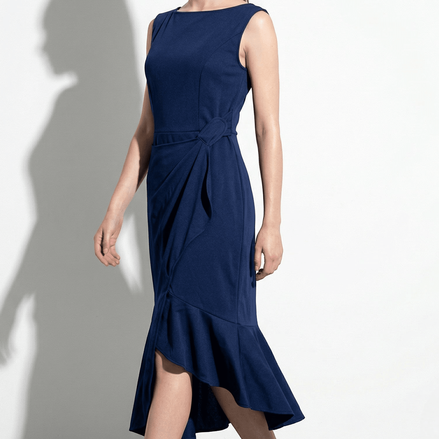 Victoria - Women's Evening Draped Midi Dress - Midi Dresses - Navy Blue - Parker&Brooks