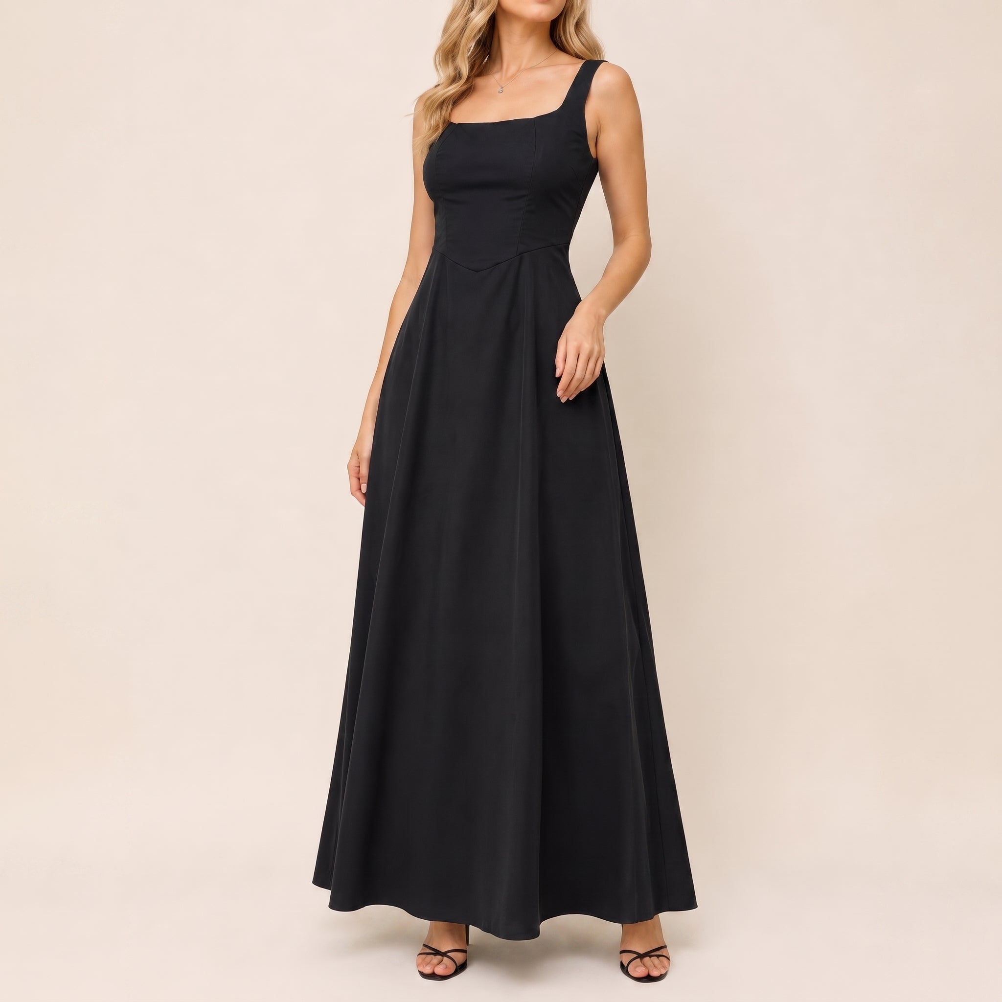 Victoria - Women's Evening Square Neck Ruched Bodice Maxi Dress - Dresses - Black - Parker&Brooks