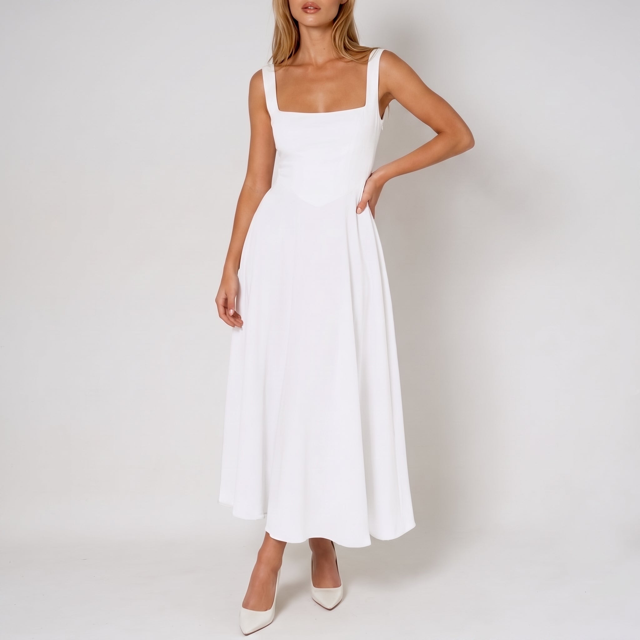 Victoria - Women's Evening Square Neck Ruched Bodice Maxi Dress - Dresses - White - Parker&Brooks