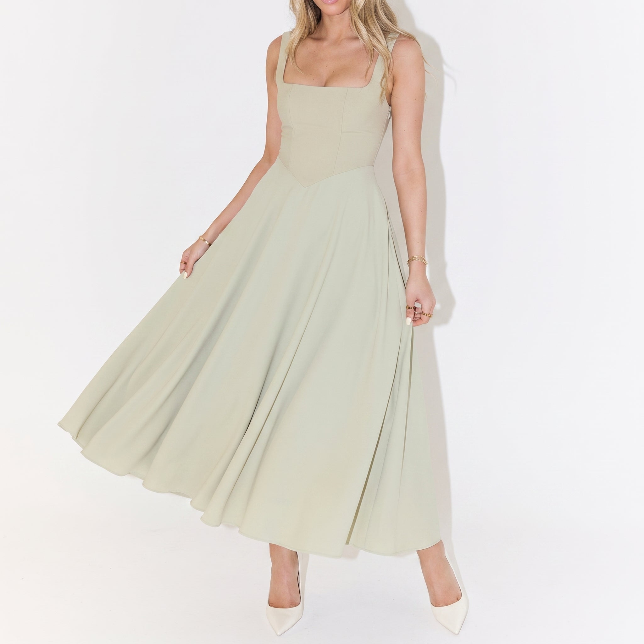 Victoria - Women's Evening Square Neck Ruched Bodice Maxi Dress - Dresses - Light Green - Parker&Brooks