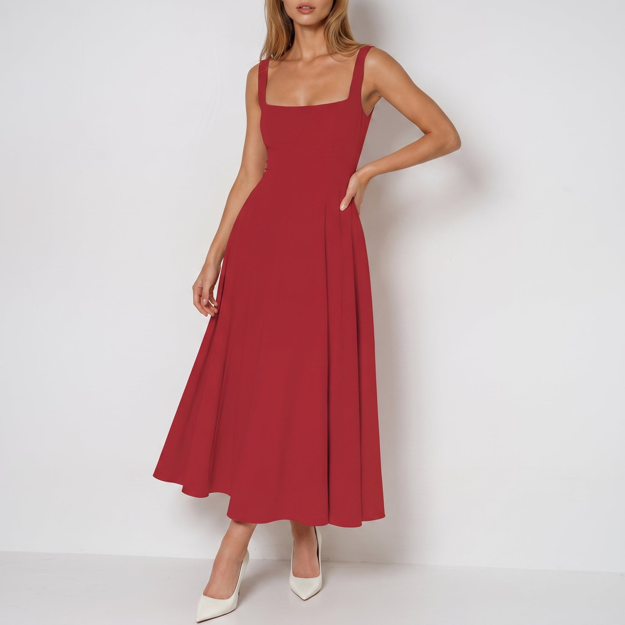 Victoria - Women's Evening Square Neck Ruched Bodice Maxi Dress - Dresses - Red - Parker&Brooks
