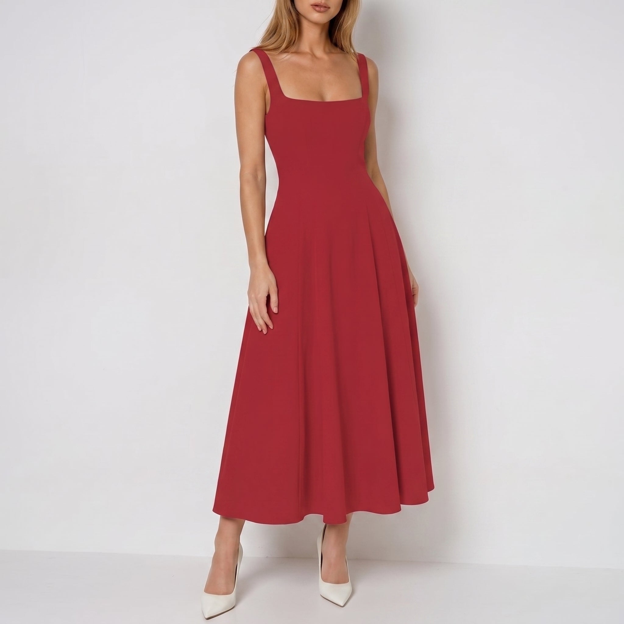 Victoria - Women's Evening Square Neck Ruched Bodice Maxi Dress - Dresses - Red - Parker&Brooks