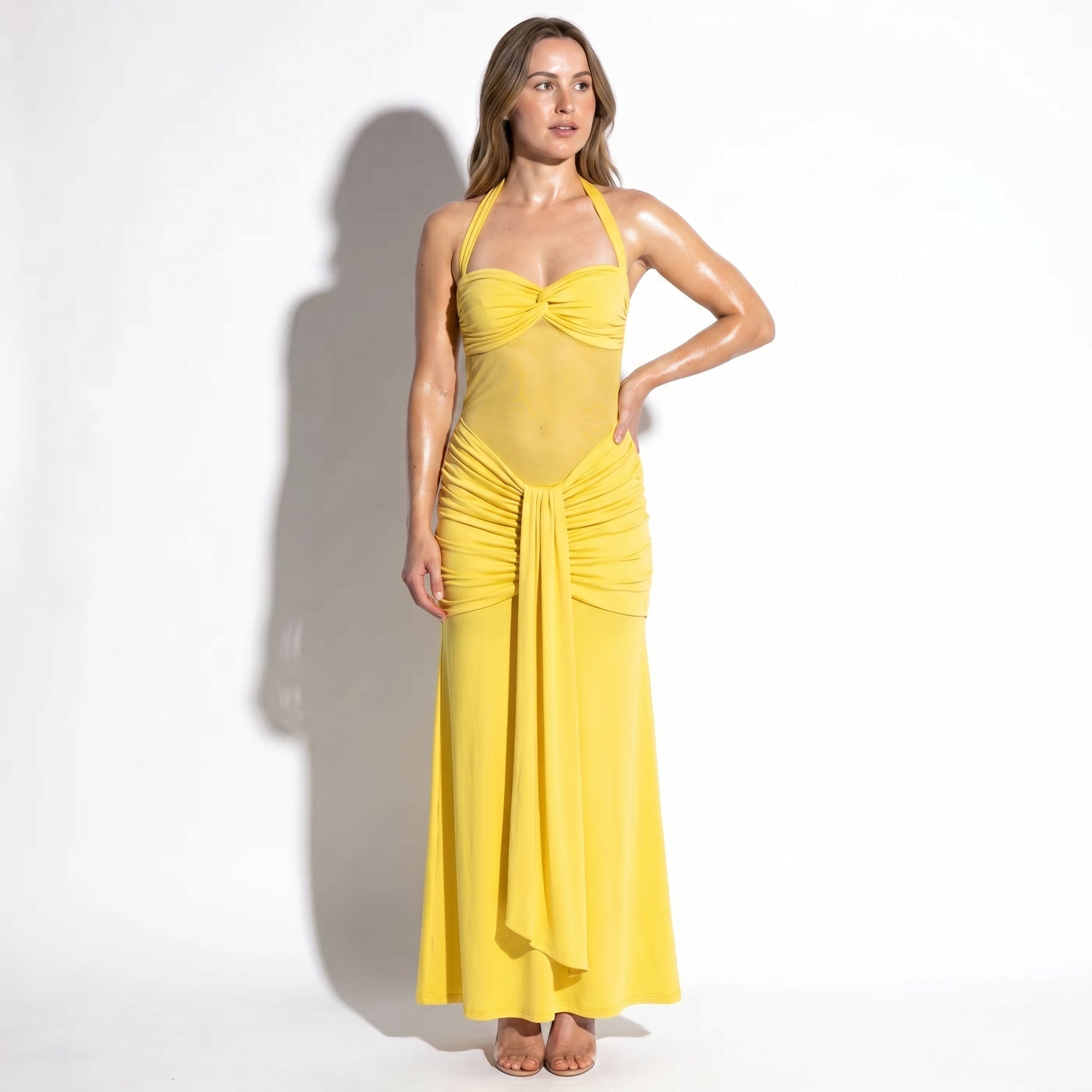 Victoria - Women's Summer Party Ruched Halter Maxi Dress - Maxi Dress - Yellow - Parker&Brooks