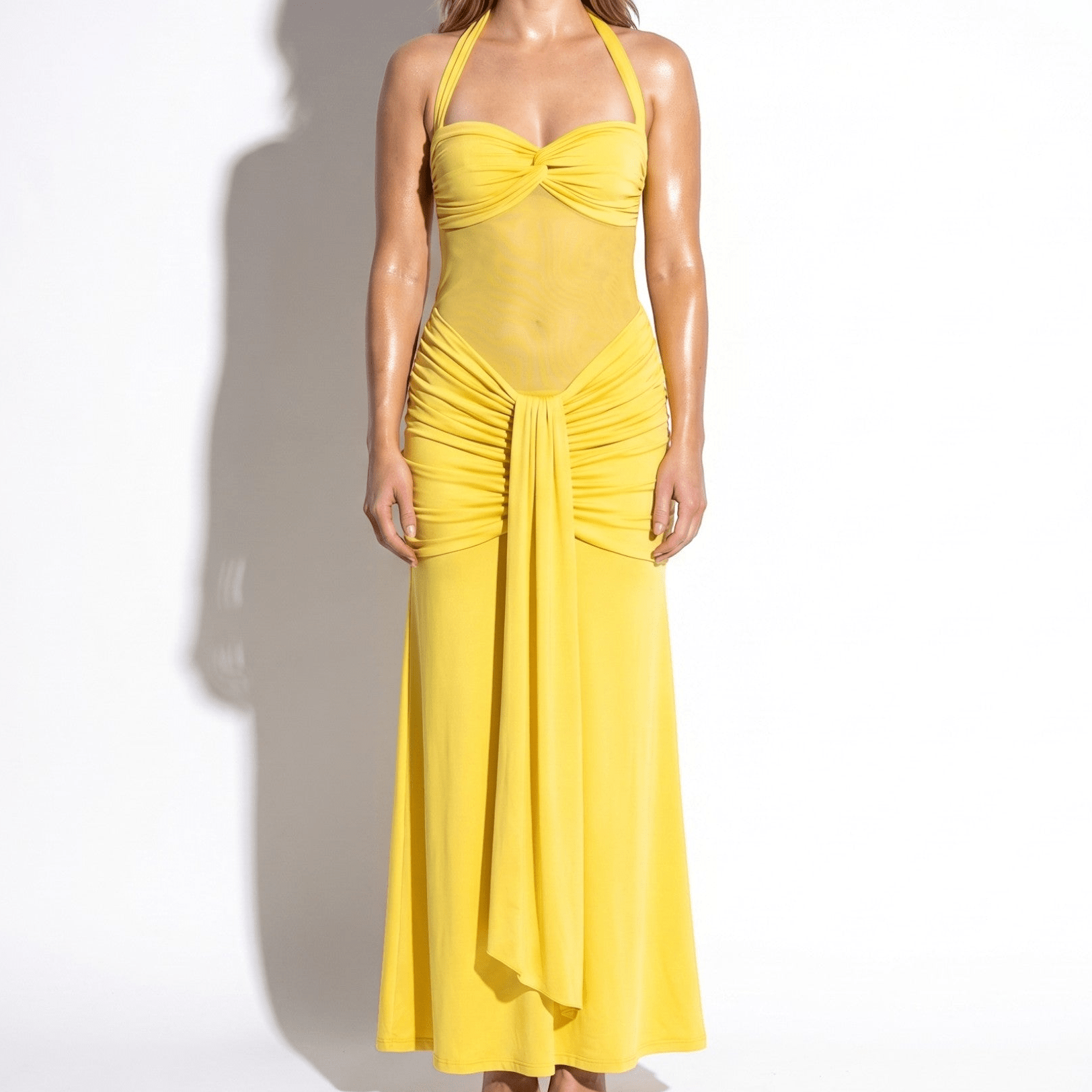 Victoria - Women's Summer Party Ruched Halter Maxi Dress - Maxi Dress - Yellow - Parker&Brooks