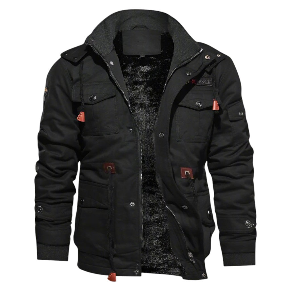 Men’s Winter Cargo Jacket with Faux Fur Lining and Multiple Pockets