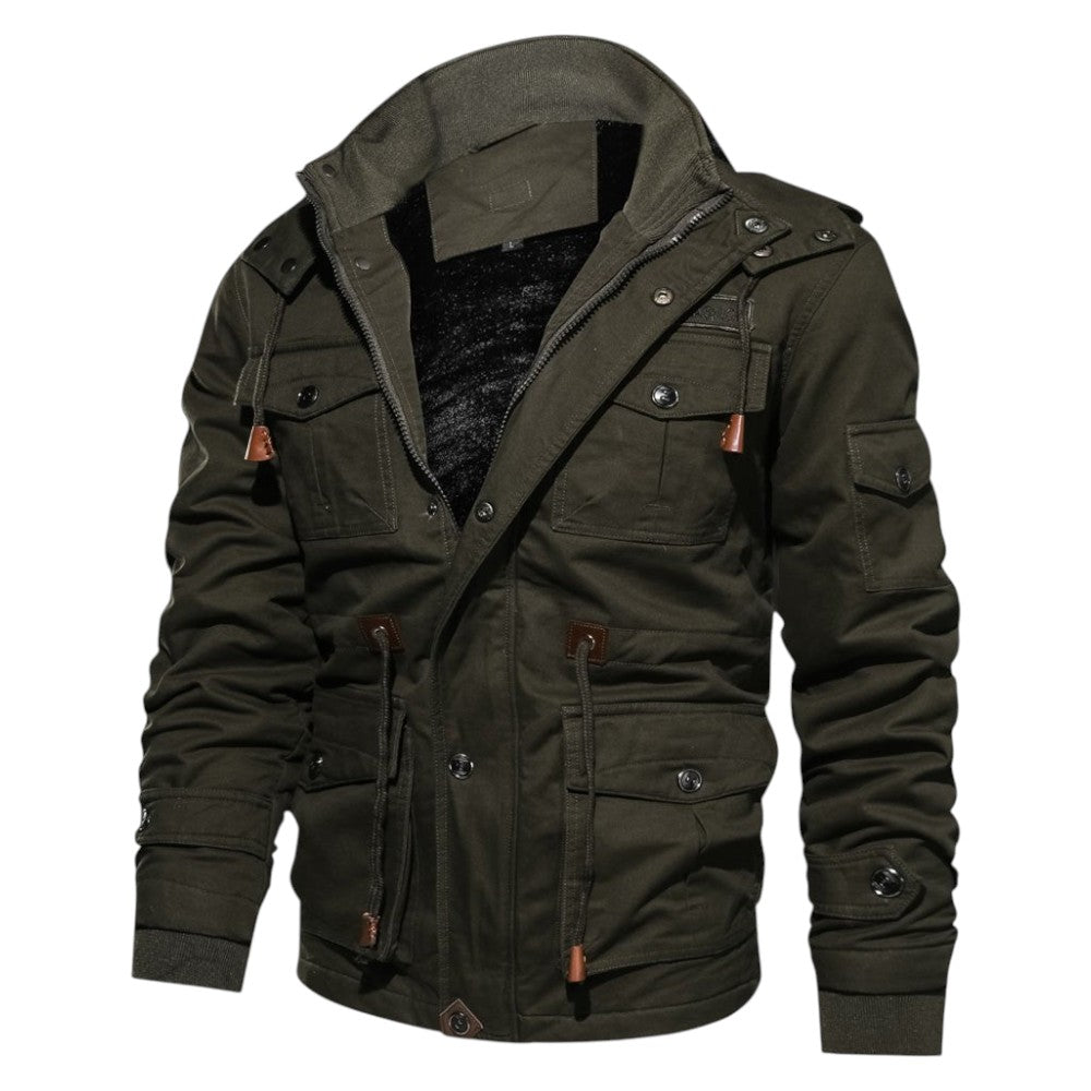 Men’s Winter Cargo Jacket with Faux Fur Lining and Multiple Pockets