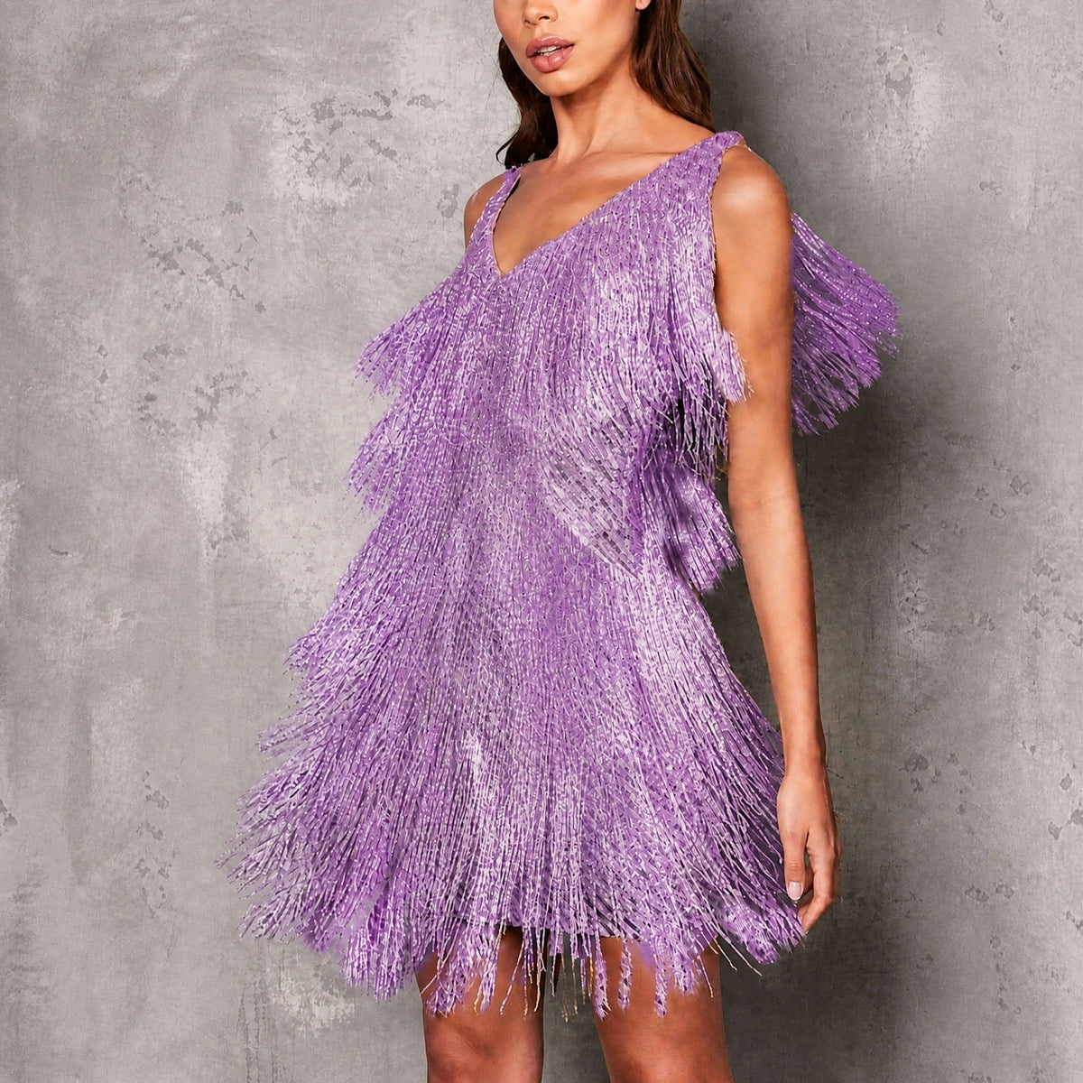 Wiktoria - Women's Fringe Sequin Mini Dress with V-Neck - Dresses - Purple - Parker&Brooks
