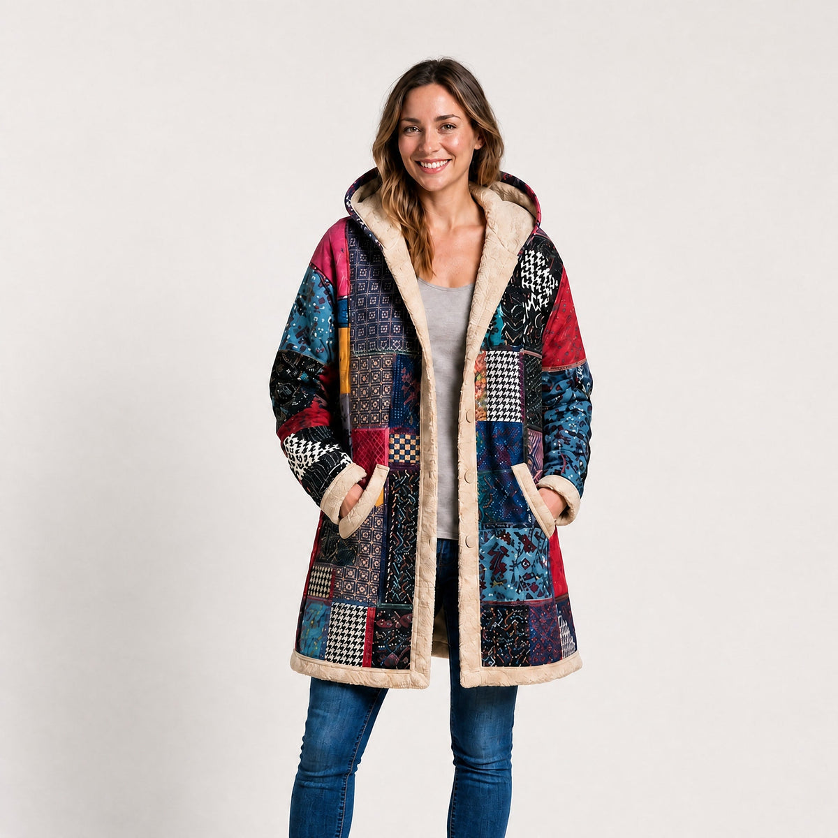 Wiktoria - Women's Hooded Patchwork Longline Coat with Sherpa Trim - Overcoats - Green - Parker&Brooks