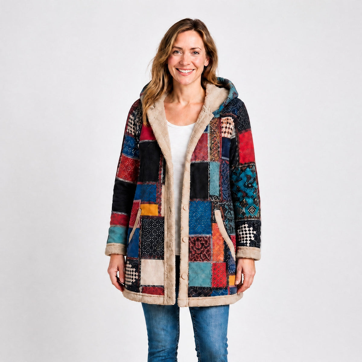 Wiktoria - Women's Hooded Patchwork Longline Coat with Sherpa Trim - Overcoats - Red - Parker&Brooks