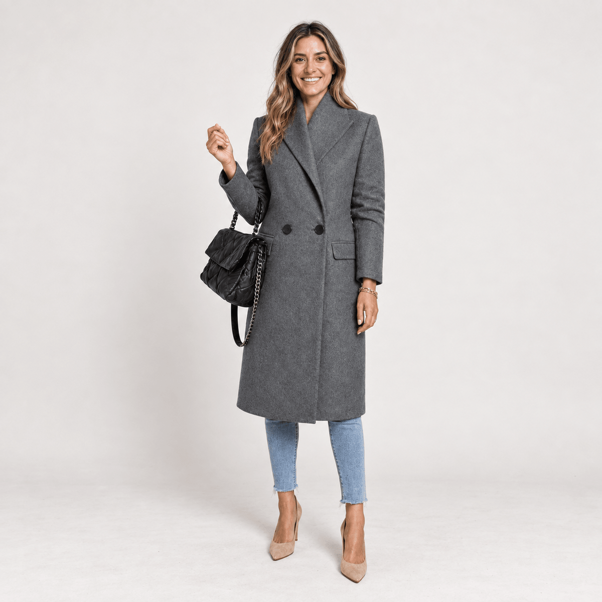 Wiktoria - Women's Tailored Double-Breasted Longline Overcoat with Notched Lapel - Overcoats - Gray - Parker&Brooks