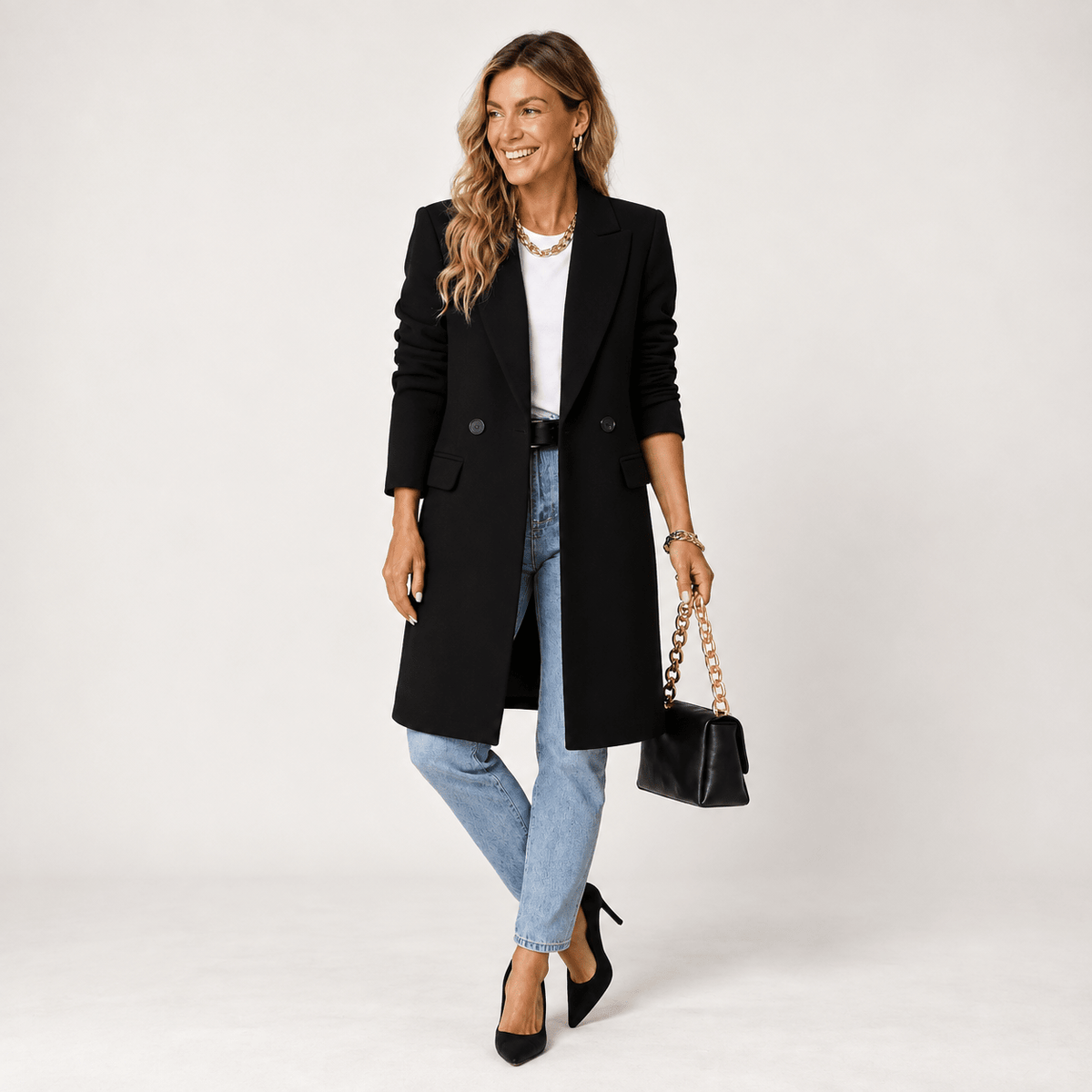 Wiktoria - Women's Tailored Double-Breasted Longline Overcoat with Notched Lapel - Overcoats - Black - Parker&Brooks