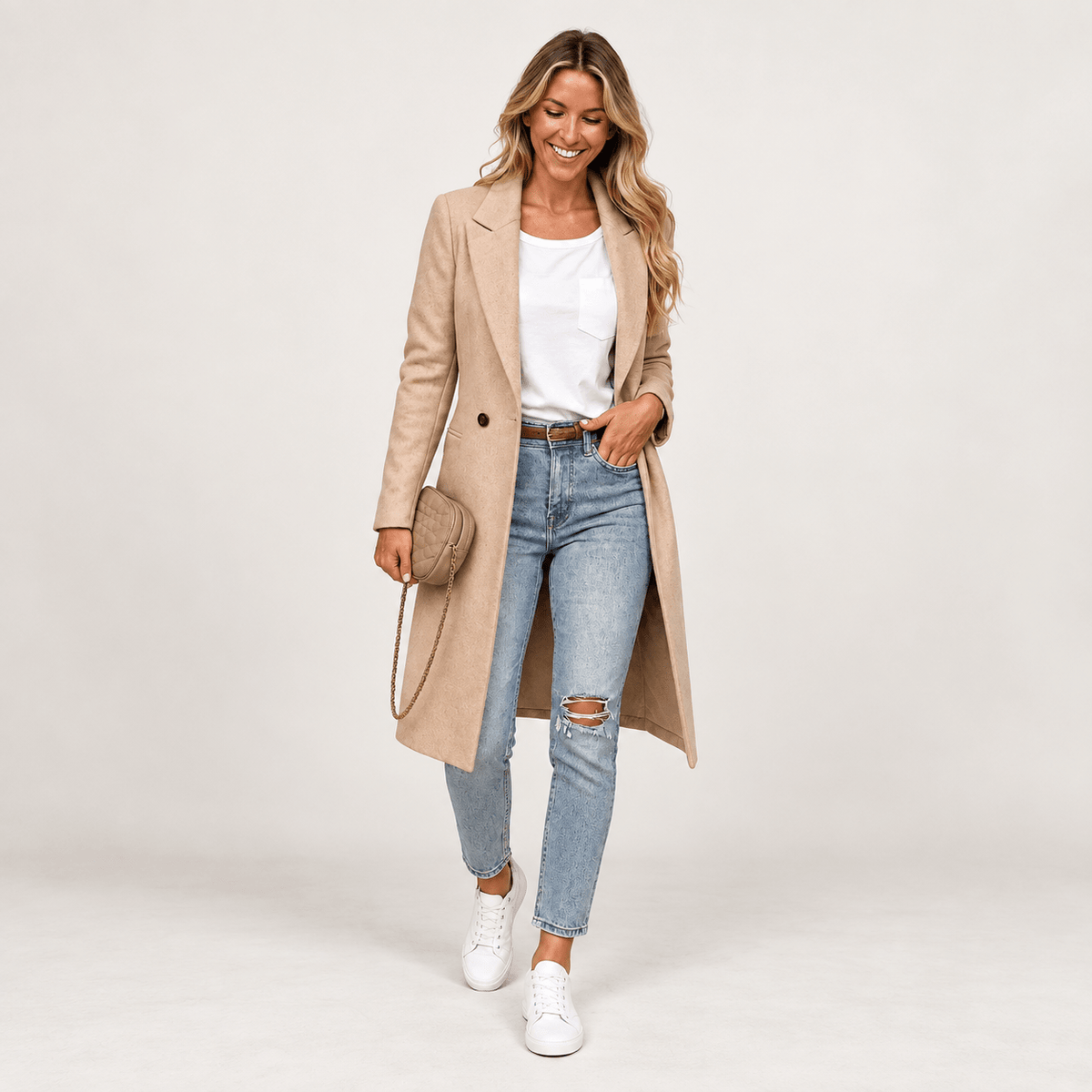 Wiktoria - Women's Tailored Double-Breasted Longline Overcoat with Notched Lapel - Overcoats - Beige - Parker&Brooks